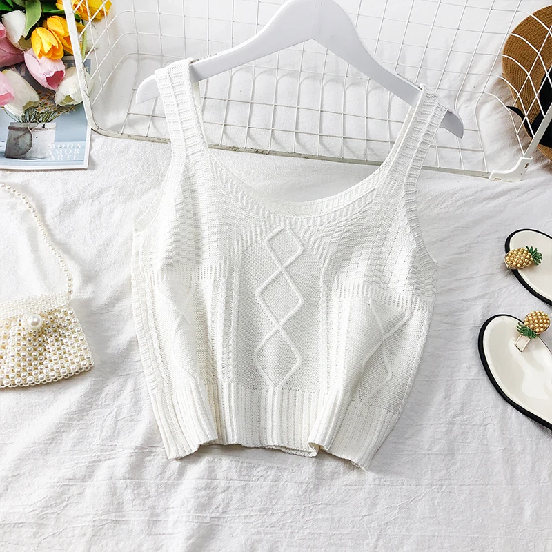 Pearl Diary Women Knitting Tank Top Diamond Pattern Sweater Cropped Tank Top Summer Sleeveless Going Out Skinny Top Women 2020