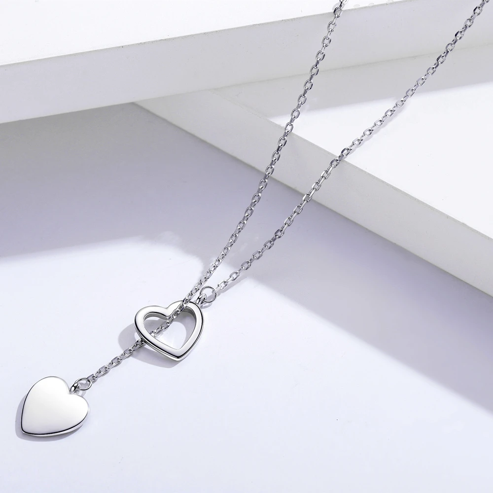 Black Awn 2022 New Silver Color Necklace Pendant For Women Double Heart High Quality Jewelry