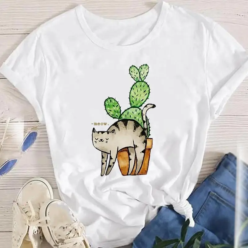 Fashion Cartoon Cat Plant Casual New Lovely Tees Women Short Sleeve Lady Female Graphic Tops Clothes Print Tshirt T-Shirt