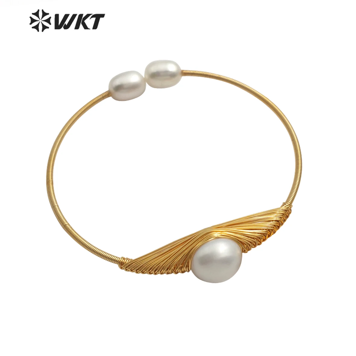 WT-B471 WKT Wire Wrapped Pearl Bangle Round Pearl Gold Bracelet Charm Women Vintage Bracelets Jewelry