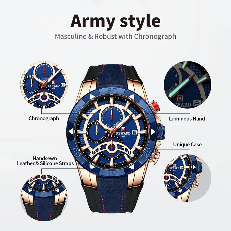 REWARD Fashion Men Quartz Wristwatch Silicone Band Alloy Case Waterproof Watches Luminous Chronograph Date Wrist Watches