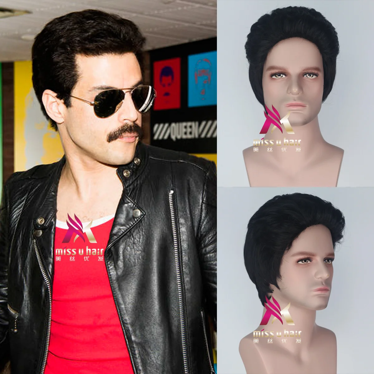 New 7080s Retro Rock Band Short Hair Styling Stage Daily Dress Freddie Mercury Black Short Hair Halloween Cosplay Wig