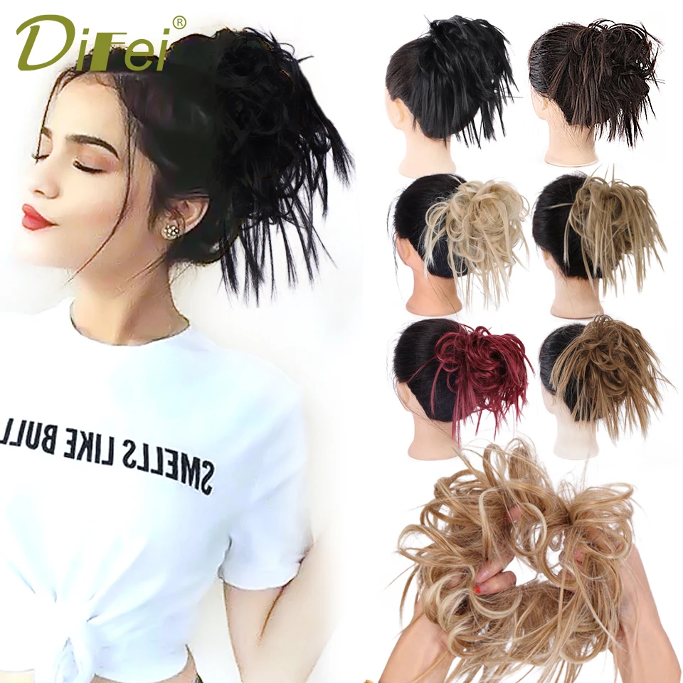 DIFEI Short Straight Messy Synthetic Hairpieces for Women Hair Bun Elastic Rubber Band Chignon Updo Donut Wrap On Ponytail