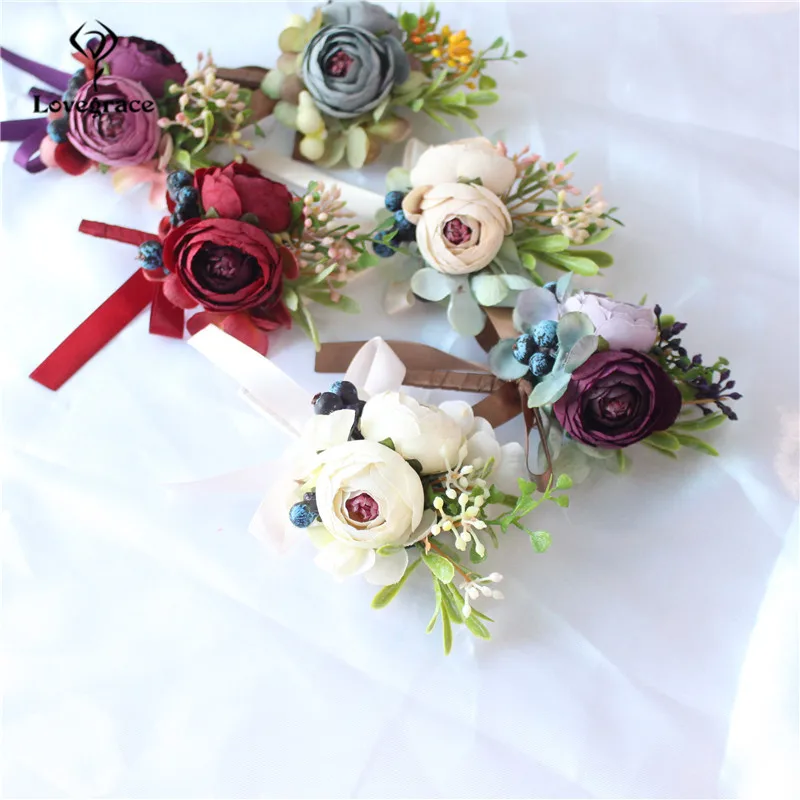 Ramillete de muñeca con flor de seda, pulsera de dama de honor, rosa roja, ramillete de boda, ojal de padrino, flores de boda