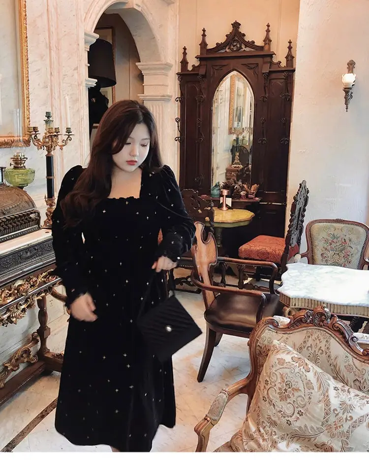 

Vintage Elegant New Year 2022 Party Black Velvet Dress Long Sleeve Square Collar Sequin Midi Dresses For Woman Plus Size Cloth