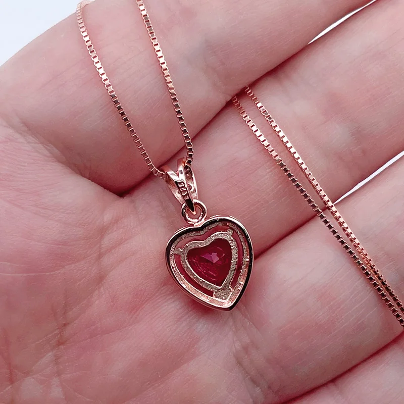 Real Laboratory Growth Ruby Necklace Pendant Heart-shaped Cut Ruby Jewelry Set For Women Bridal S925 Sterling Silver Rose Gold