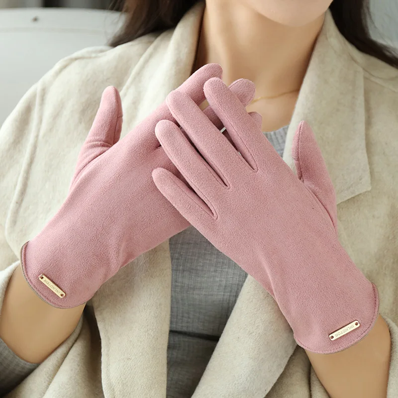 Woman\'s Winter Warm Suede Leather Touch Screen Driving Gloves Man\'s Cold Plus Velvet Thick Fingerless Flip Cycling Mittens R57