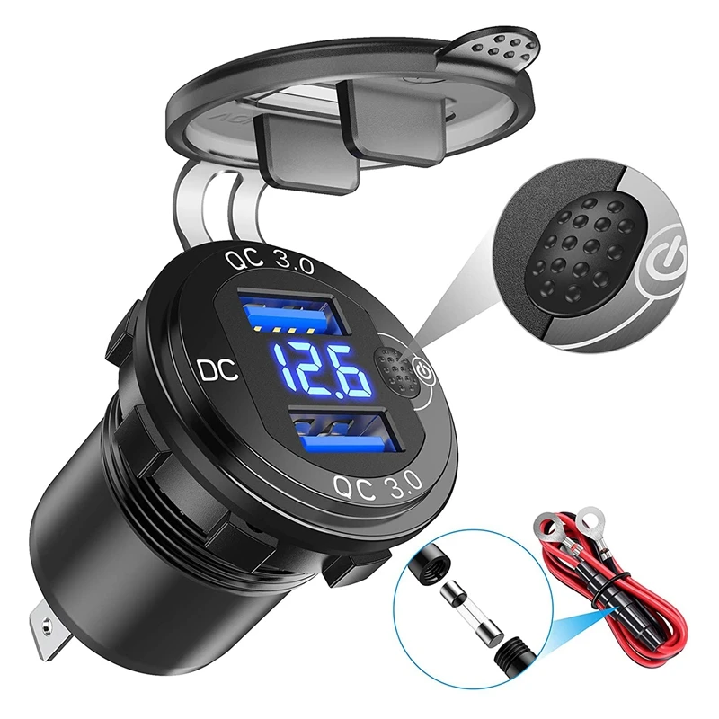 Quick Charge 3.0 Dual USB Car Charger with Voltmeter & ON/OFF Switch,36W 12V USB Outlet Fast Charger for Car Boat Marine