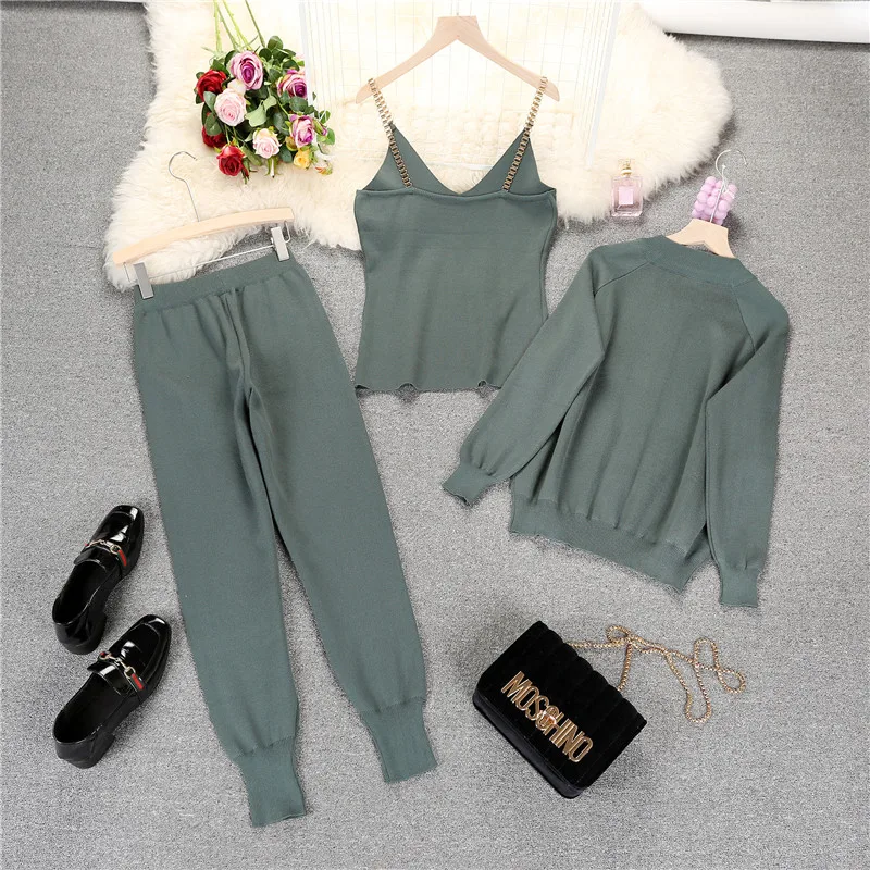 Amolapha Women 2024 Autumn Winter Knitted Cardigans + Camisole + Pants 3pcs Sets Knitting Coat+ Vest+Trousers Tracksuits Outfits