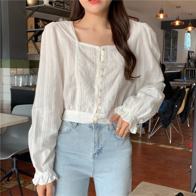 New 2022 Summer Autunm Women's Blouse Casual Sweet Fashionable Square Collar Elegant Vintage Shirt Wild Lady Short Tops BL9239