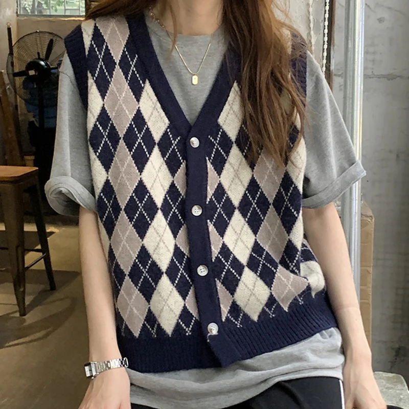 Argyle suéter chaleco mujer Vintage estilo Preppy estudiante coreano elegante prendas de punto Simple ocio moda clásico tierno Chic Mujer