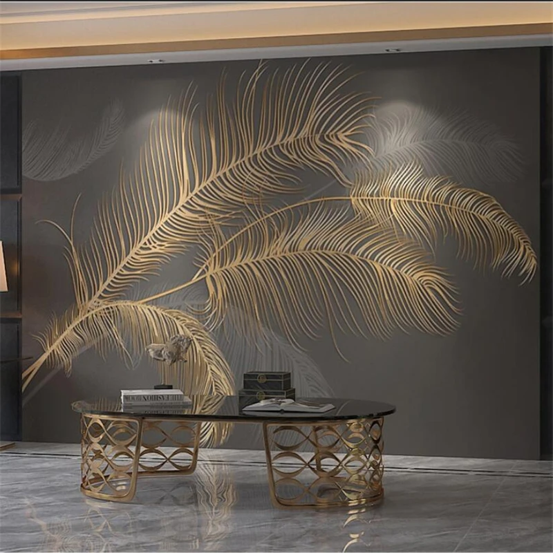 Custom mural 3D wallpaper popular Nordic style light luxury feather gold embossed lines background wall living room banana leaf