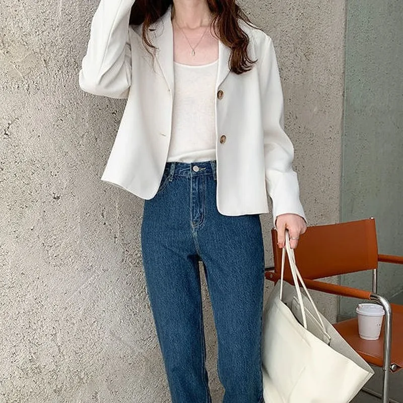 Blazer Wanita Solid Single Breasted Pendek All-Match Mantel Sederhana Elegan Lengan Panjang Santai Musim Semi Blazer Mode Gaya Korea