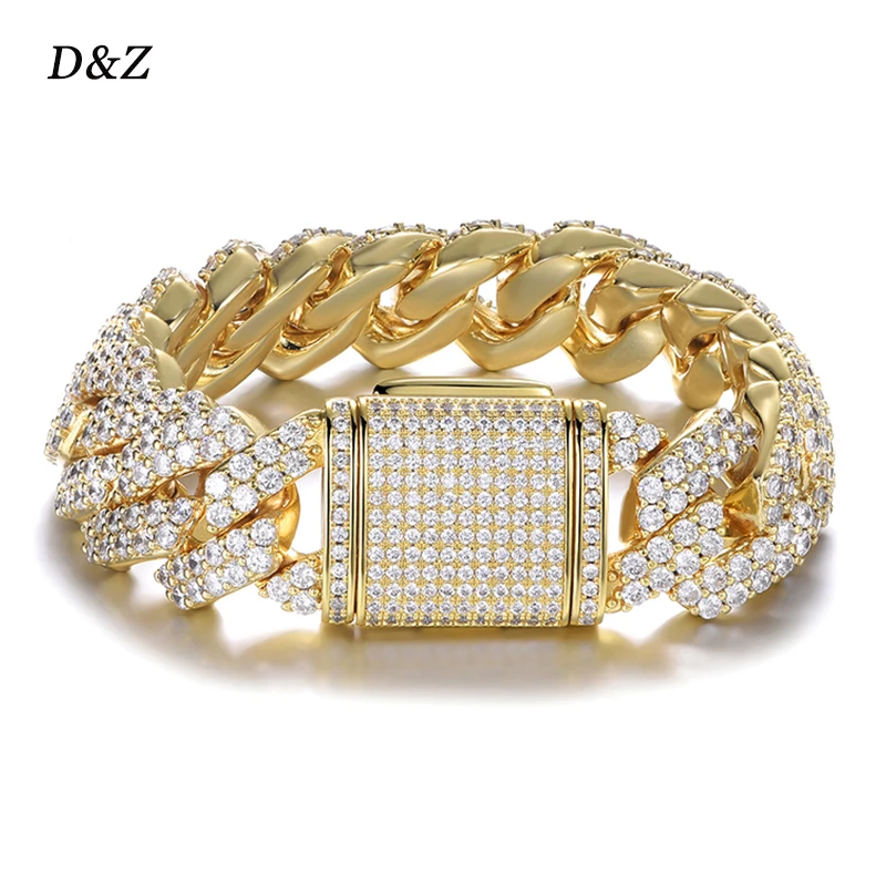 

D&Z New 19mm 2Rows Stones Miami Cuban Link Bracelet Bling AAAA Zircon Charm Men's Hip Hop Bracelet Women Jewelry