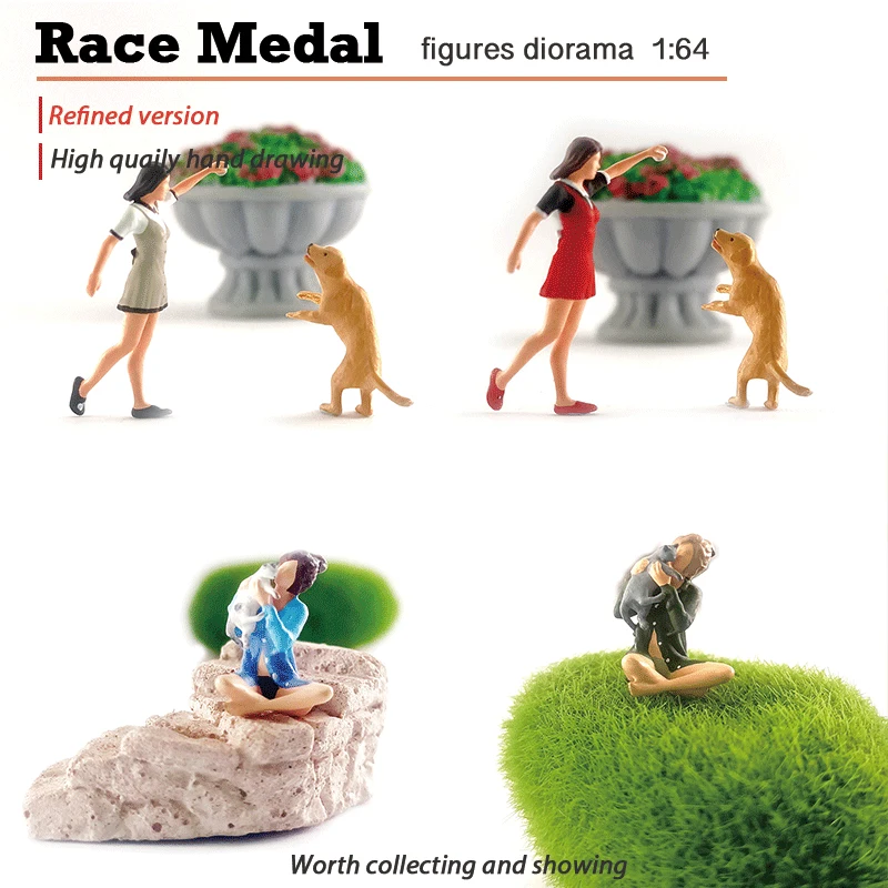 Racemedal Resin Model 1:64 Miniature Creative Landscape Spot Sandtable Sims Daily Character Girls Held Cat and Play with Dog Pet