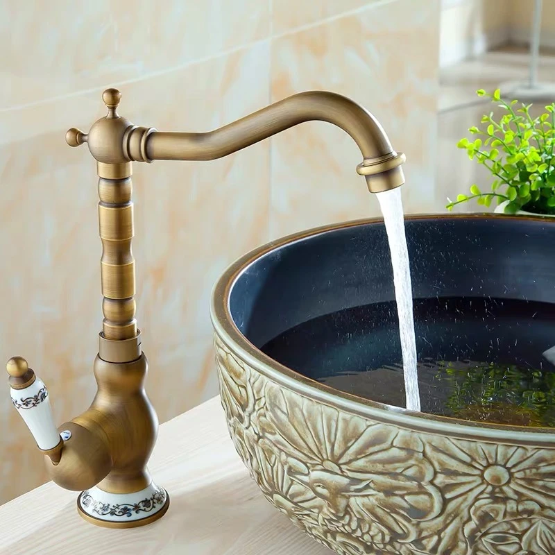 

Washbasin Faucets Antique Copper 360 Rotate Porcelain Decorate Bathroom Basin Faucet Deck Mount Cold Hot Water Crane Mixer Taps