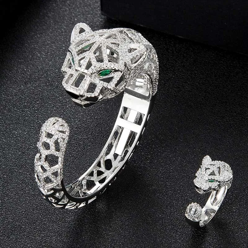 

Zlxgirl jewelry Classic Big leopard shape animal bracelet&bangle with ring jewelry set AAA cubic zircon Gold bangle for Wedding