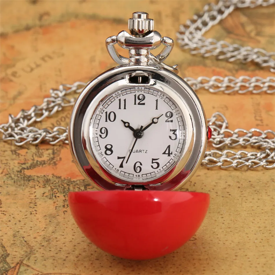 Reloj de bolsillo con forma de bola roja y blanca para niños, colgante de cuarzo, regalos de navidad