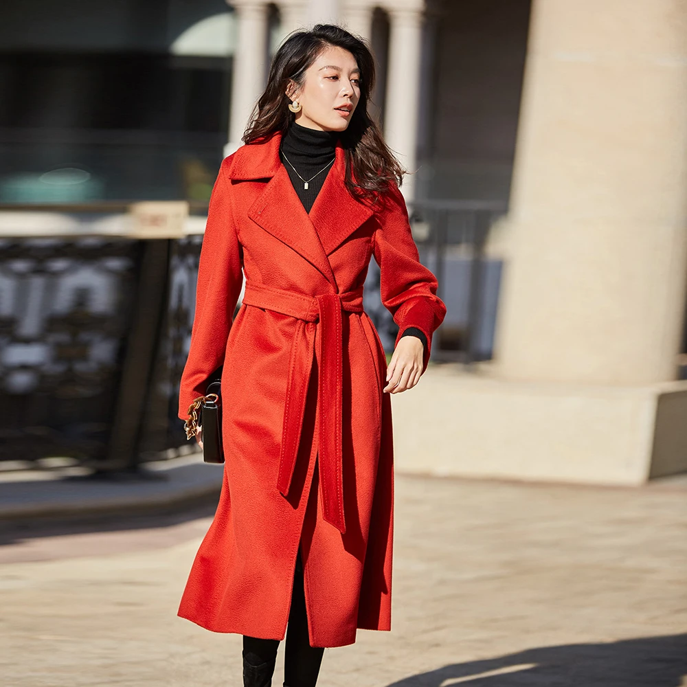 autumn and winter coat women wool coat 2019 winter Fashion red black camel belt Lapel long coat ladies coats winter coat women