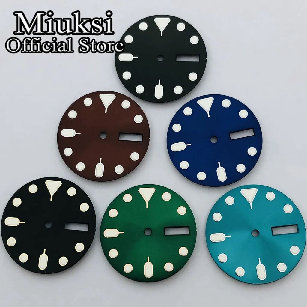 Miuksi 28.5mm black blue green brown watch dial C3 luminous dial fit NH36 movement fit 3 o\'clock crown 3.8 o\'clock crown