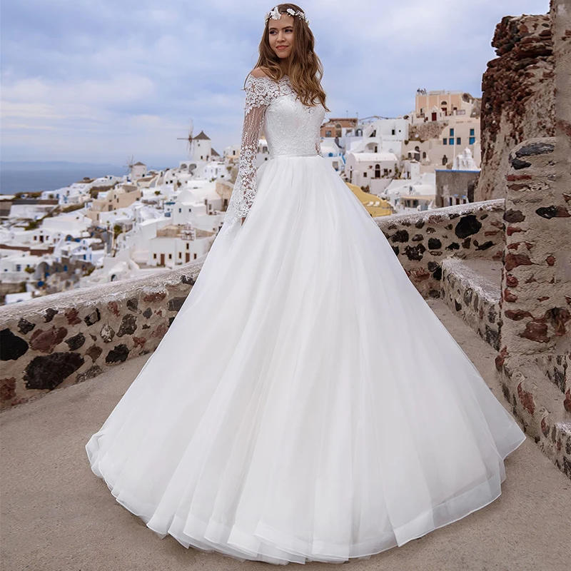 Precioso vestido De Novia De princesa acampanado, manga larga, hombros descubiertos, cuello De barco, Apliques De encaje, botón, vestido De Novia