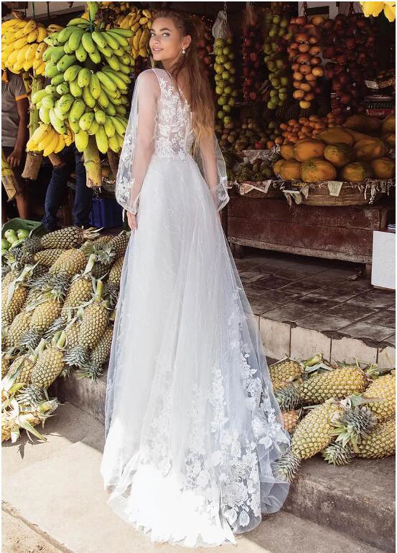 Robe de mariée bohème en dentelle, col en V, corsage transparent, ligne A, appliques, paillettes de plage, patients, manches longues, quoi que ce soit, 2024