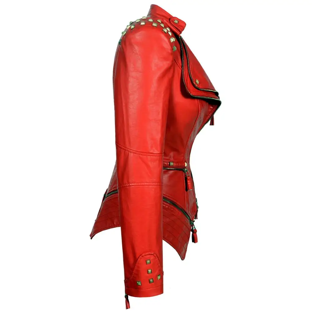 2020 Women Autumn Winter Thick Fake PU Faux Leather rivet Jackets Lady studs Motorcycle Coats Biker Zippers Street Outwear