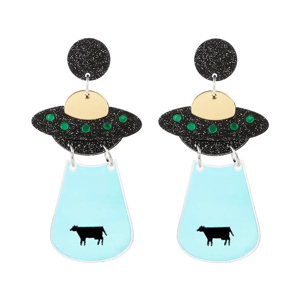 FishSheep Cute Acrylic UFO Flying Saucer Drop Earrings for Women Gold Color Glitter Spaceship Big Dangle Earring Party Jewelry
