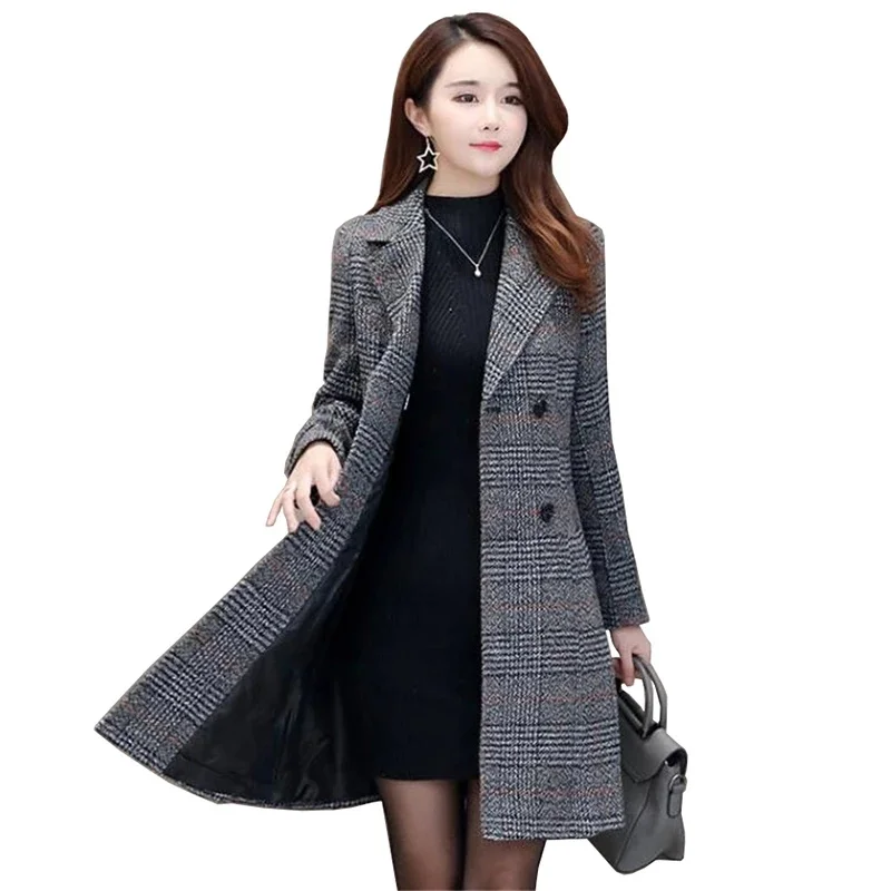 Autumn Women\'s Plaid Woolen Coat Mid-length Casual Blazer Female Jackets Double breasted Outerwear Ladies Jacket Overcoats Coats