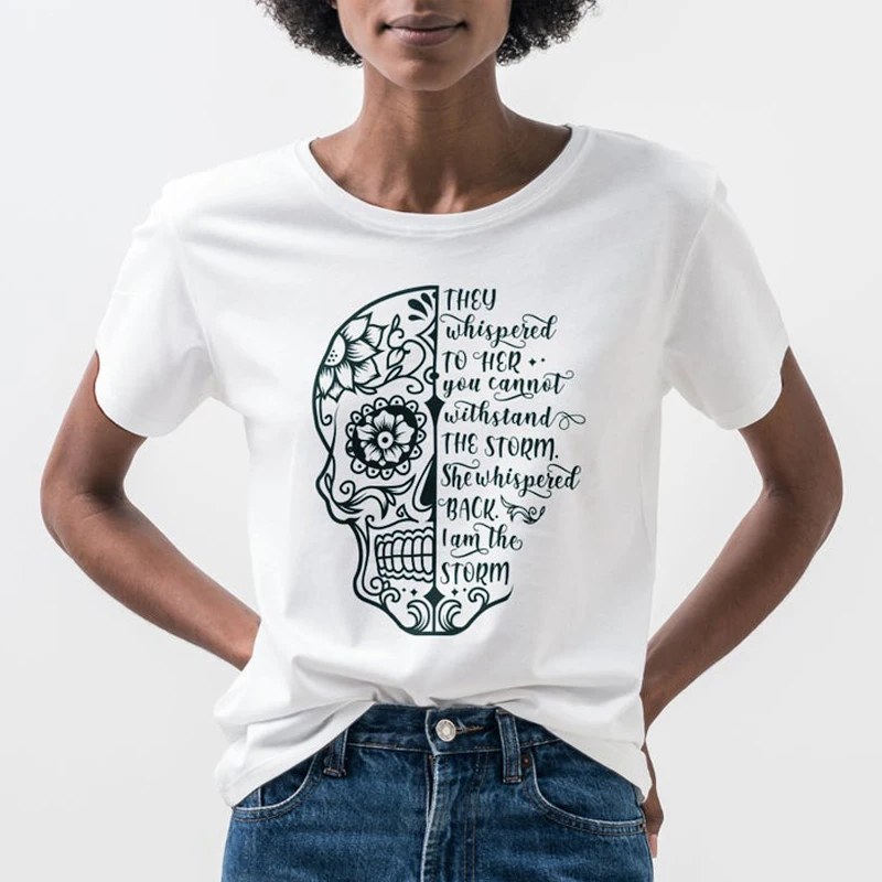 They Whispered To Her Skull T-shirt Fashion Women Mandala Sugar Skull Tshirt Aesthetic I Am The Storm Graphic Summer Tees Tops