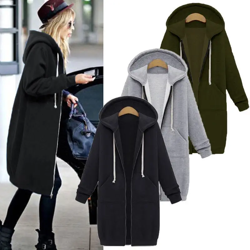 

2024 Autumn Women Casual Long Hoodies Sweatshirt Coat Pockets Zip Up Outerwear Hooded Jacket Tops