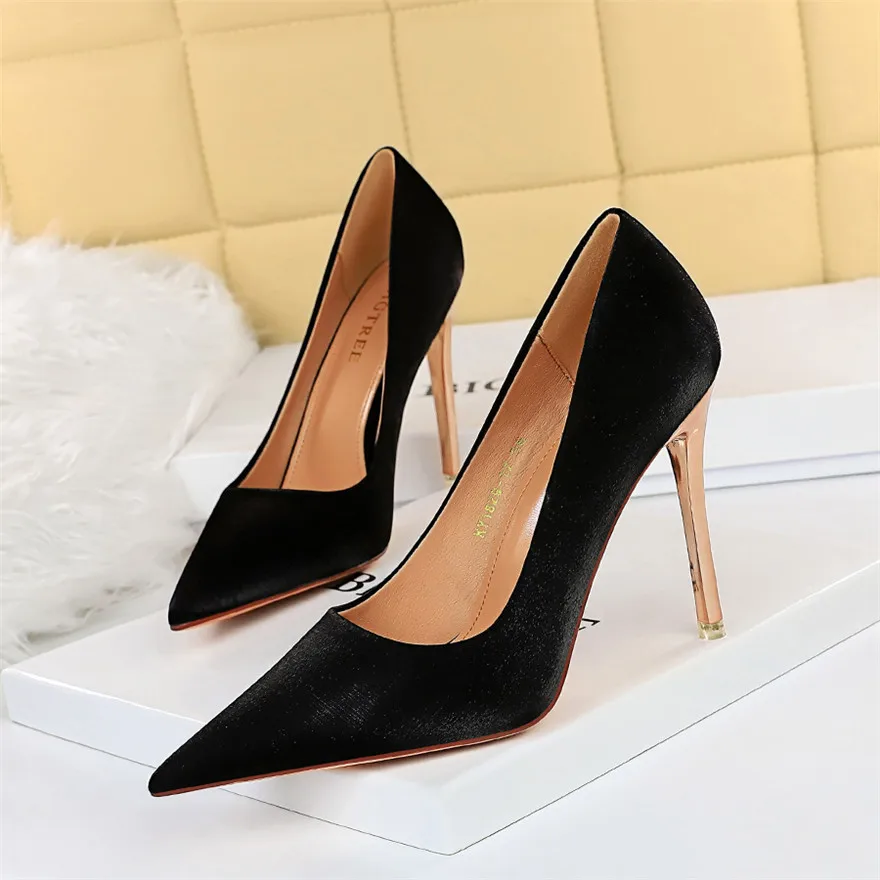 BIGTREE Wedding Women Pumps Autumn Metal Heels Woman Shallow Sexy Party Shoes Pointy Toe Stiletto Silk Ladies Work Shoes Plus 43