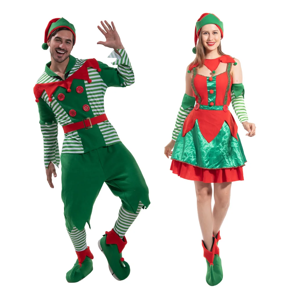 Deluxe Striped Christmas Elf Adult Cosplay Costume Men Women Santa Claus New Year Couple Suits