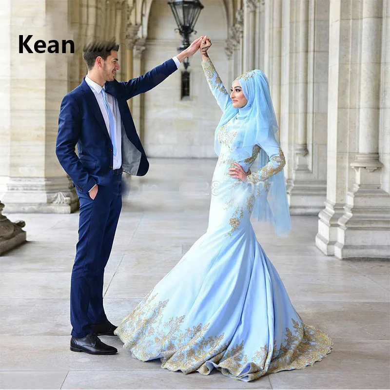 

Sky Blue Muslim Evening Dress Full Sleeve Gold Applique Scarf Beaded Islamic Dubai Kaftan Saudi Arabic Evening Gown Prom Dress