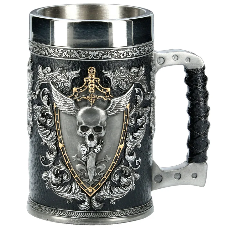 

3D Beer Mugs Stein Tankard Double Headed Eagle Winged Sword And Shield Skull Crest Stainless Steel & Resin Coffee Cup Mug 600ml