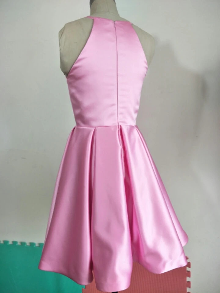 Customized Short Halter Satin Homecoming Dresses with Pockets A-Line Knee Length Graduation Dresses with Bowknot for Teens