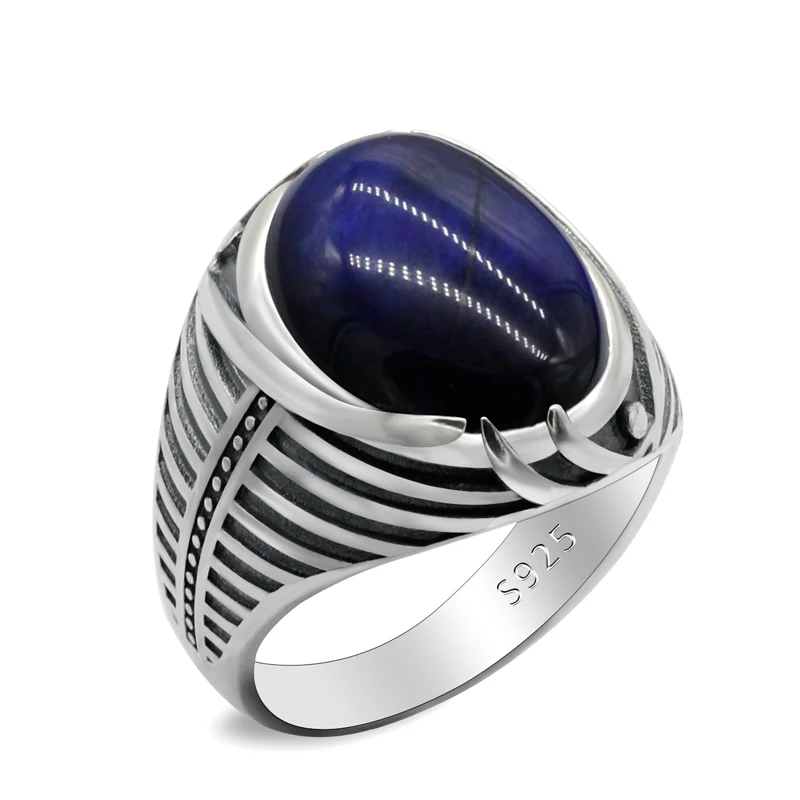 925 Sterling Silver Men's Ring With Natural Blue Tiger Eye Stone Turkish Jewelry Simple Striped Punk Men's Ring Birthday Gift