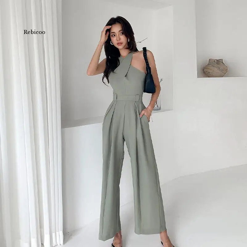 Nieuwe Vrouwen Jumpsuits Sexy Backless Rompertjes Vrouwelijke Effen Wijde Pijpen Office Lady Jumpsuits