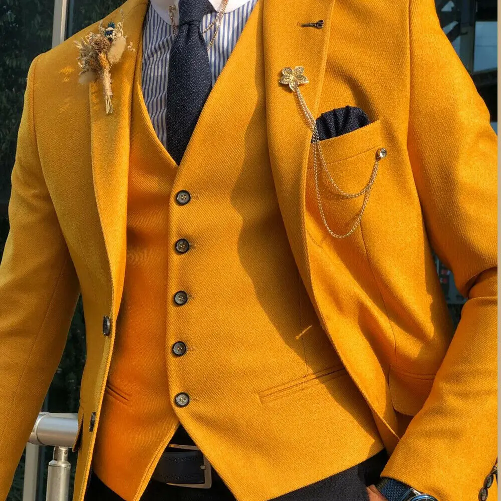 

Formal Yellow Men Wedding Suits Groom Business Prom Tuxedo Groom Suits Dinner Slim Fit Suits For Men Custom 3PCS Coat+Vest+Pant