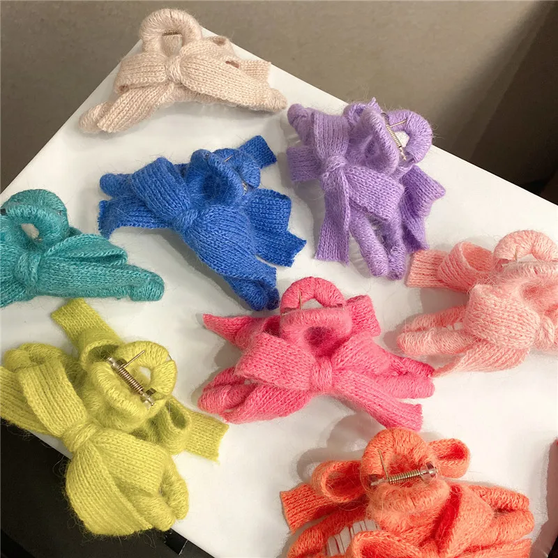 South Korea\'s autumn and winter net red new candy color bow hair catching clip knitting hair clip girls back head shark clip