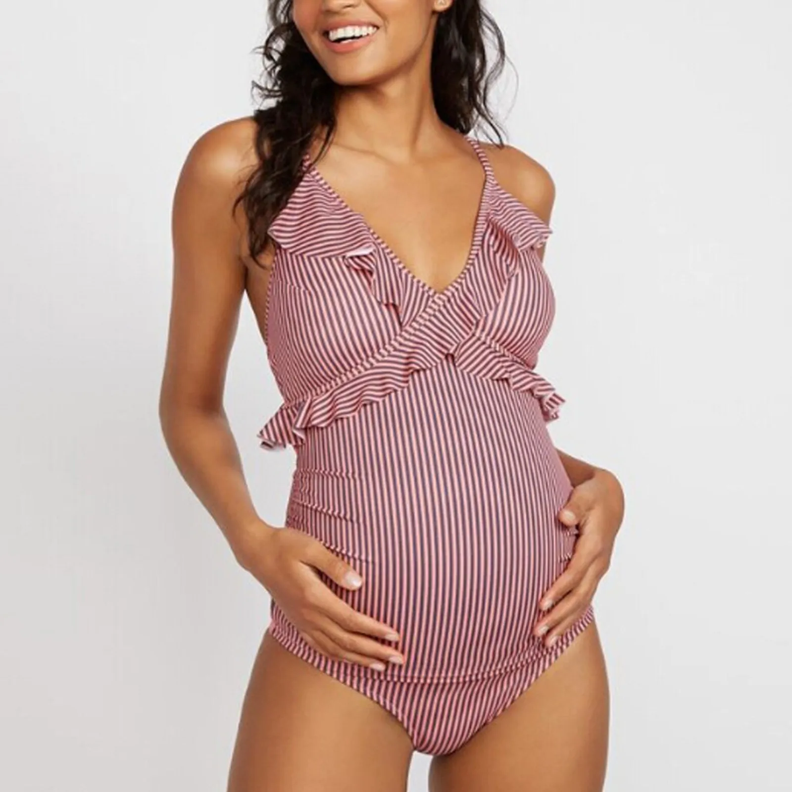 Women's Maternity Swimwear Stripe Print One Piece Swimsuit Women Swimwear Ruffle Swimming Suit For Women Pregnancy Beachwear