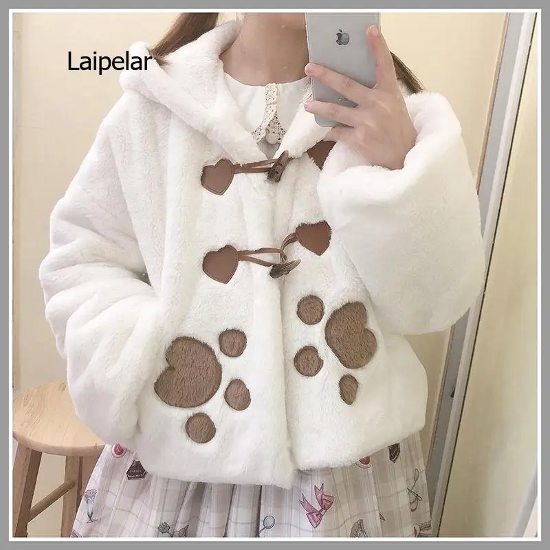 Abrigos japoneses con orejas de conejo para otoño e invierno, chaquetas cálidas de felpa suave con capucha, prendas de vestir