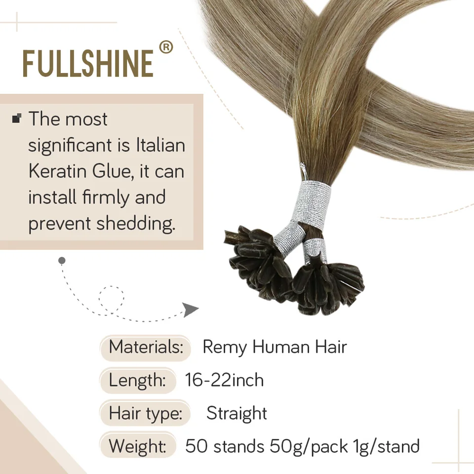 Full Shine extensión de cabello U Tip de fusión, color balayage, pegamento de queratina, cuentas, pre-pegado, 50g, máquina Remy 2