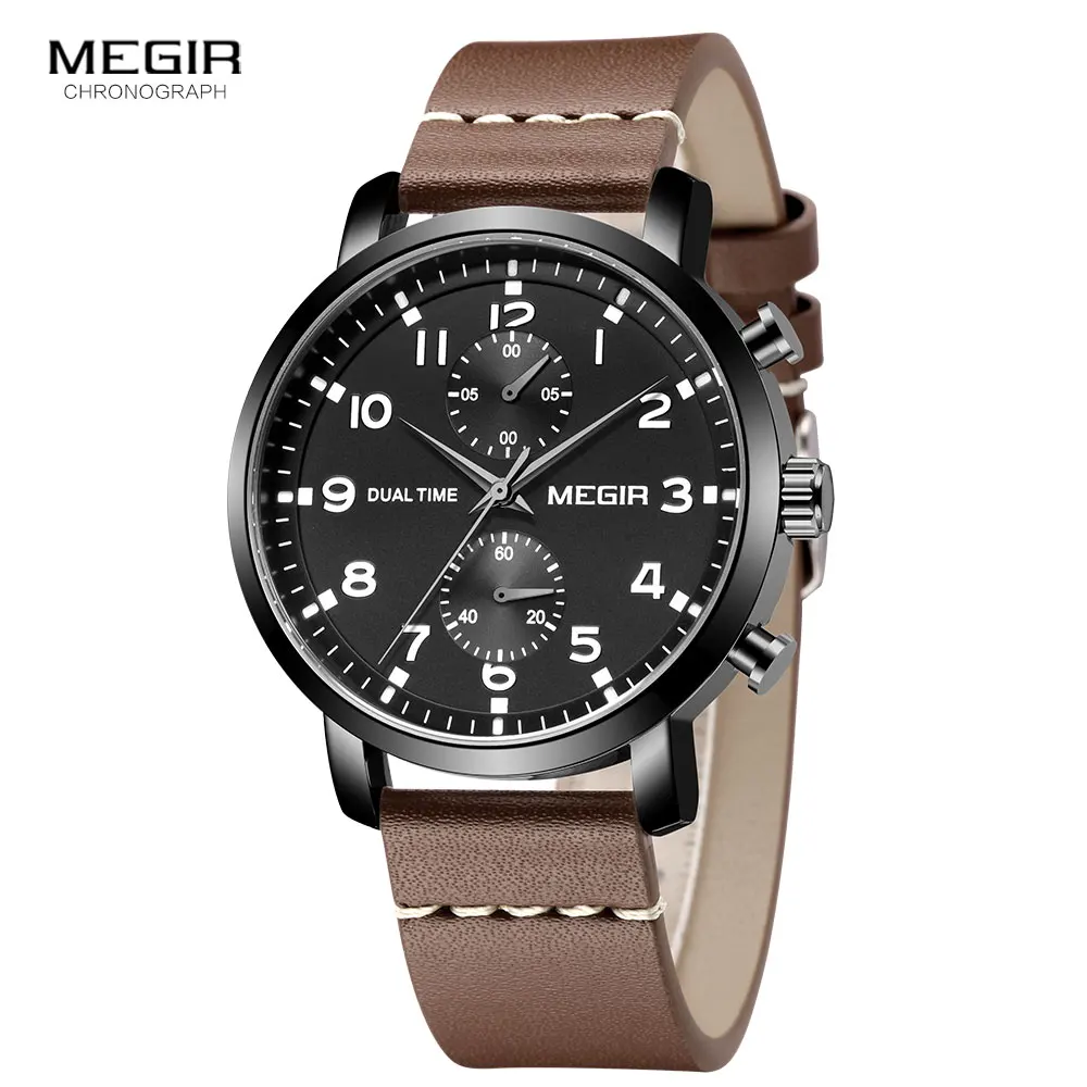 MEGIR Casual Sport Watches for Men Top Brand Luxury Military Leather Wrist Watch Man Clock Fashion Chronograph Wristwatch Brown