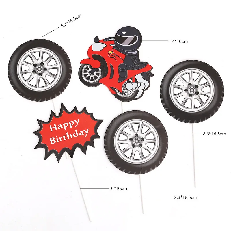 Cake Topper Motorcycle Tires DIY Cake Cupcake Toppers Kids Boys Men Happy Birthday Baby Shower Party Backing Dessert Decor Flags