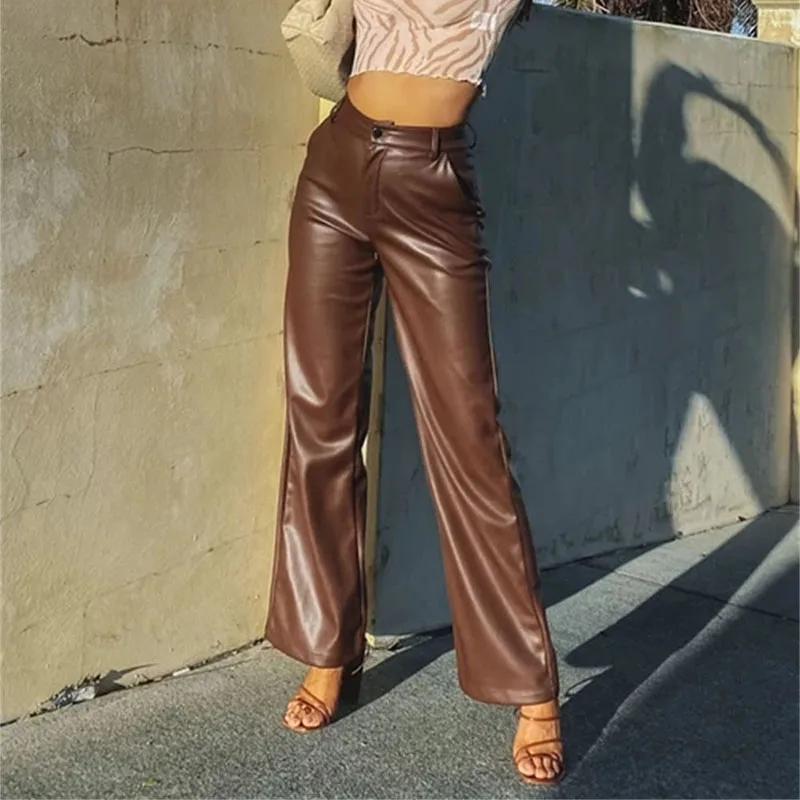 Women's PU Pants High Waist Loose Style Trousers With Pockets Solid Color Straight-leg Pants Brown Black Streetwear Autumn