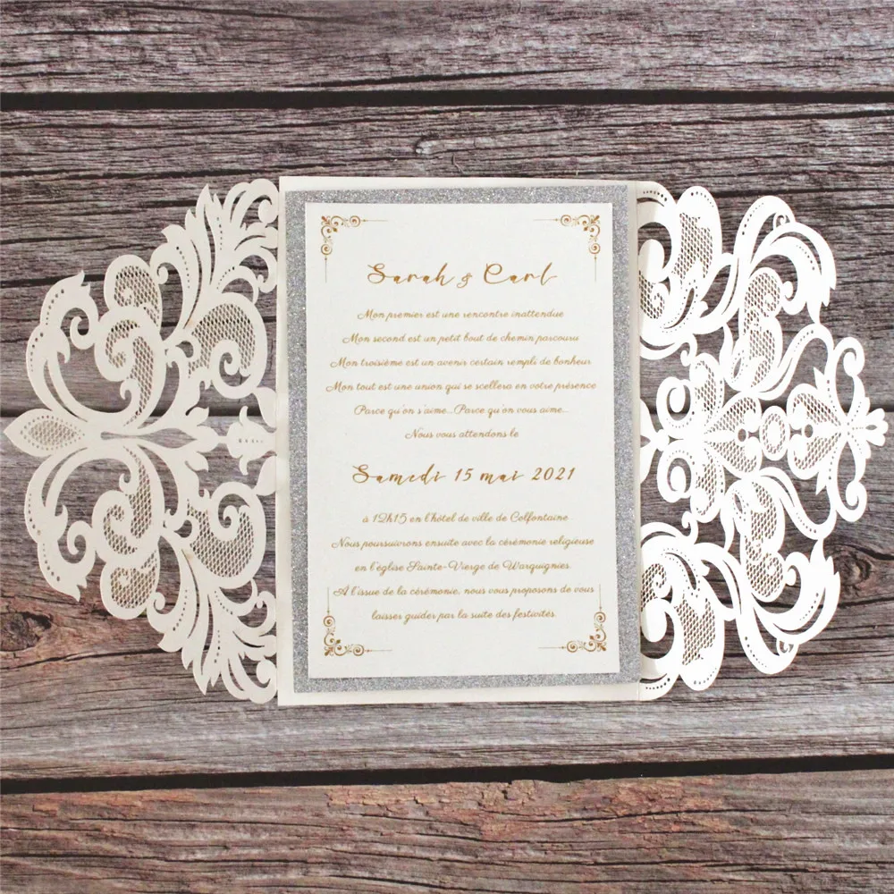 

Shimmer Laser Cut Wedding Invitation Suit With Silver Border Insert Customized Printing Elegant Party Decorative Paper 50 Sets