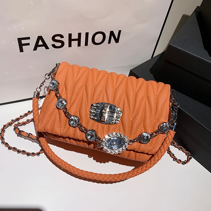 NEW French Design Fashion Diamond Square Bag Handbag & Elegant Noble Gem Shoulder Bag Crossbody Bag Width 24cm Height 14cm