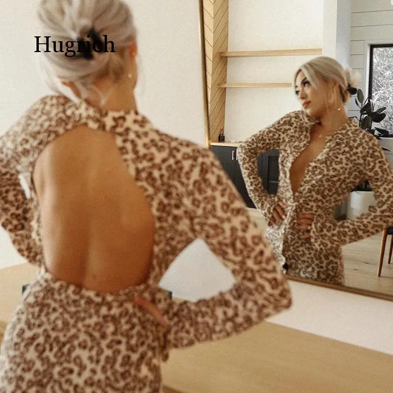 2021 Leopard Print Autumn Women's New Sexy Open Back Breasted Long Sleeve Night Club Wear Dress