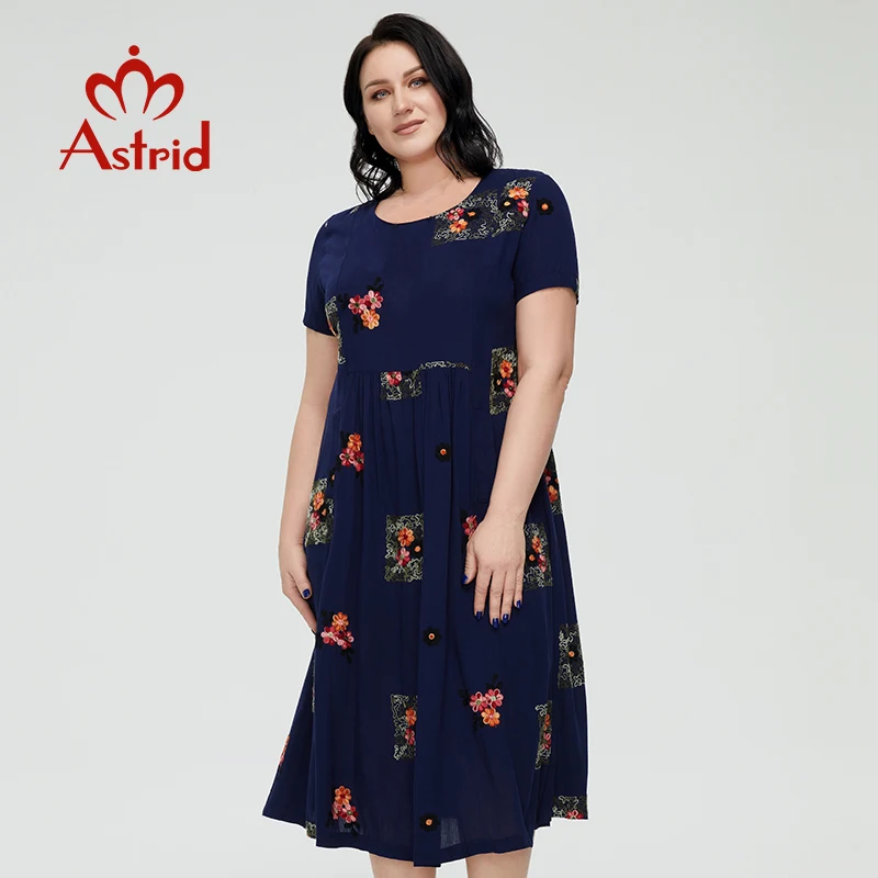 Astrid Women\'s Summer Dress 2022 for Women Boho Casual Elegant Vintage Dress Linen Oversize Embroidery Flower Long with Pocket